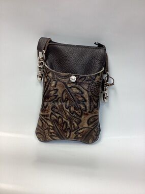 Brown Tooled Leather Phone Crossbody with Floral Embossing